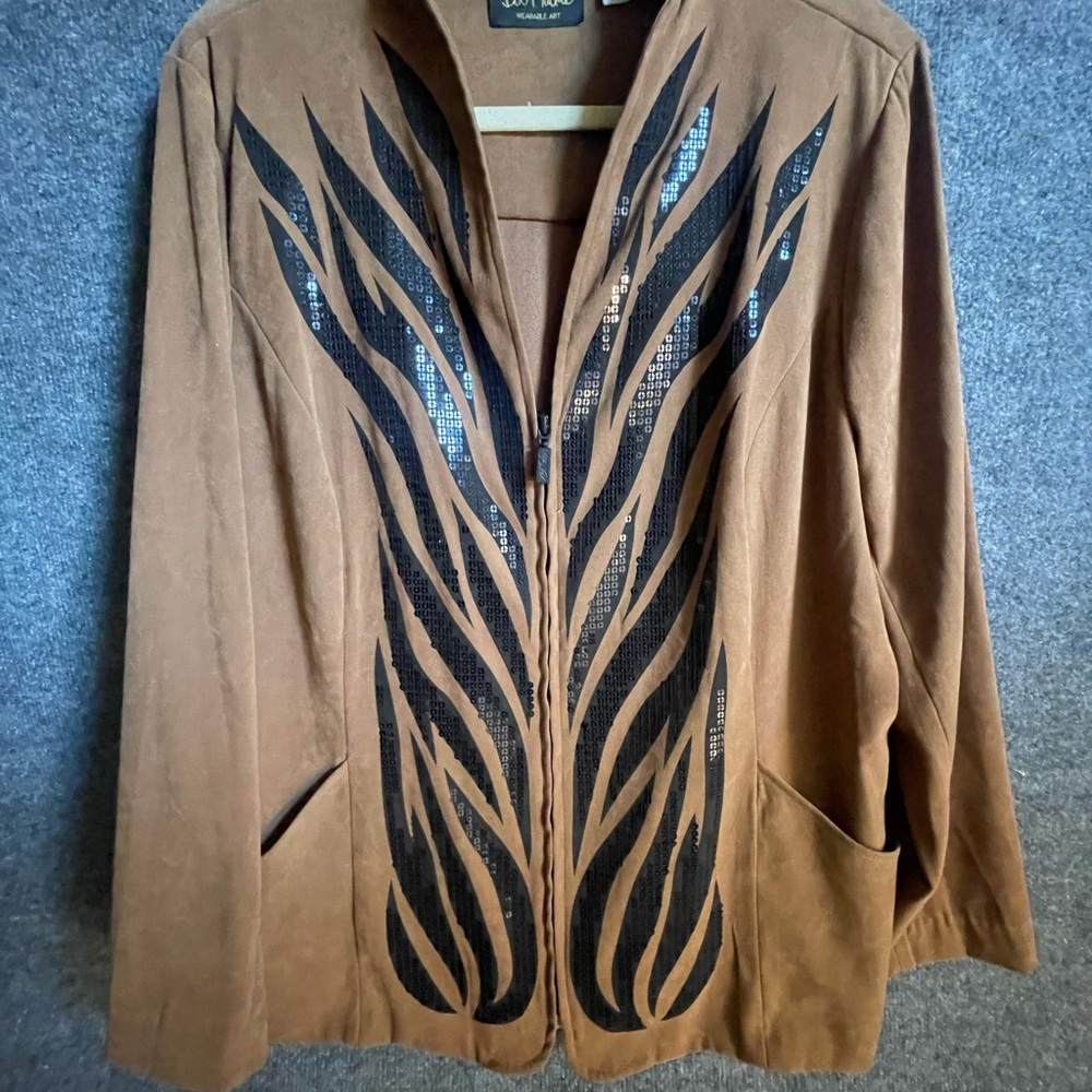 Classic Bob Mackie wearable art Brown and Black Blazer with Feather Design